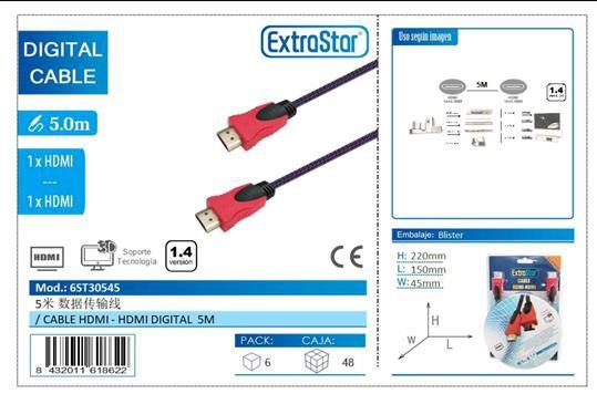 CABLE HDMI - HDMI DIGITAL 5 MTS BLISTER