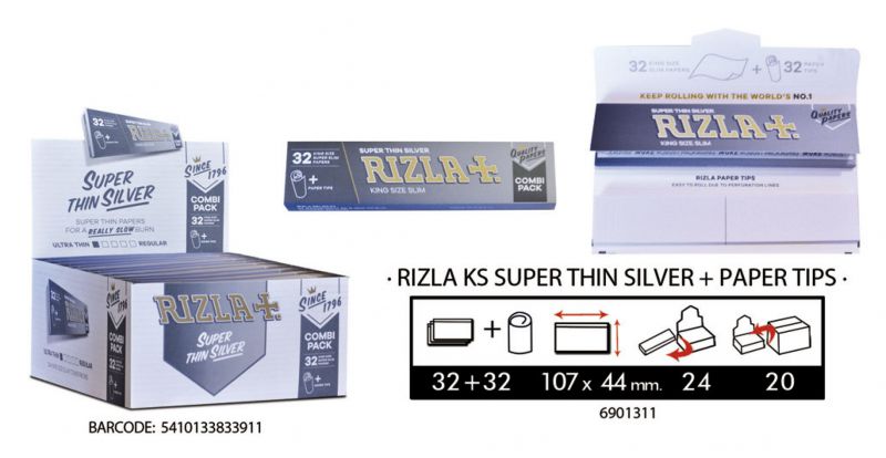 RIZLA KS SUPER THIN SILVER + PAPER TIPS