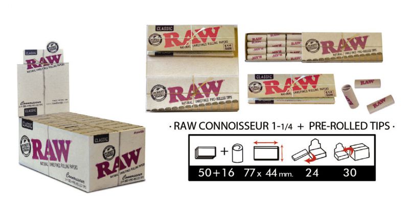 RAW CONNOISSEUR 1 1/4 + PRE-ROLLED TIPS